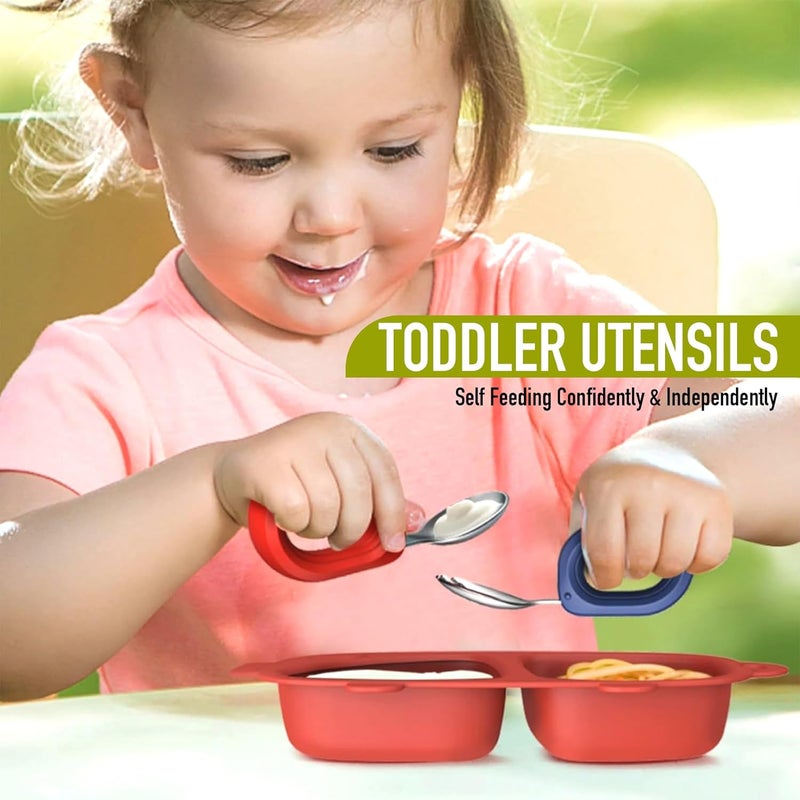 yimido Toddler Utensils Baby Utensils Toddler Forks and Spoons Baby Forks and Spoons Set Kids Stainless Steel Silverware Set Children Safe Forks and Spoons self feedig-Dishwasher Safe(Red+Blue) - Image 4
